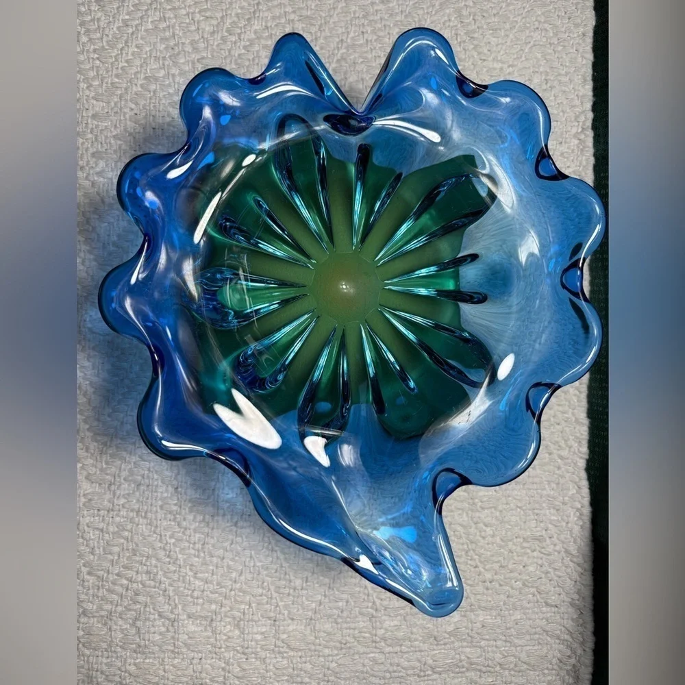 Vintage mid-century blue petal shaped glass bowl used as decorative dish/ashtray